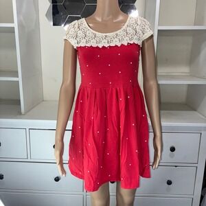 La Chapelle Red Polka Dot Lace Yoke Cap Sleeve Dress Women Size 38